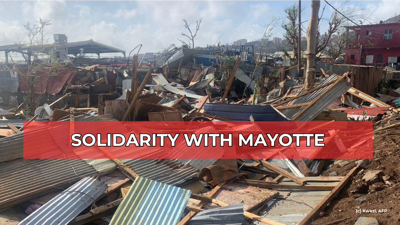 Mayotte Cyclone Chido devastation: destroyed homes, debris, and damaged infrastructure across the island. Mayotte Cyclone Chido Donate