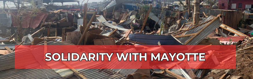 Mayotte Cyclone Chido devastation: destroyed homes, debris, and damaged infrastructure across the island. Mayotte Cyclone Chido Donate