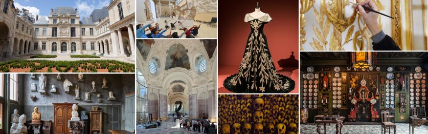 Photo Credits, top-to-bottom and left-to-right: Musée Carnavalet-History of Paris © JB Gurliat; Sculpture workshop of the Musée Bourdelle ©Pierre Antoine; Musée Bourdelle © Laurent Bourgogne; Entrance hall of the Petit Palais – Museum of Fine Arts of the City of Paris ©Pierre Antoine; Evening gown, known as the "lily gown," Worth, worn by Countess Greffulhe, Palais Galliera Museum of Fashion of the City of Paris © All rights reserved; Catacombs of Paris ©A. Lahut; Restoration in progress in the company salon of the Hôtel d'Uzès – Musée Carnavalet-History of Paris © Antoine Mercusot; Chinese salon of the Maison de Victor Hugo in Paris ©Pierre Antoine